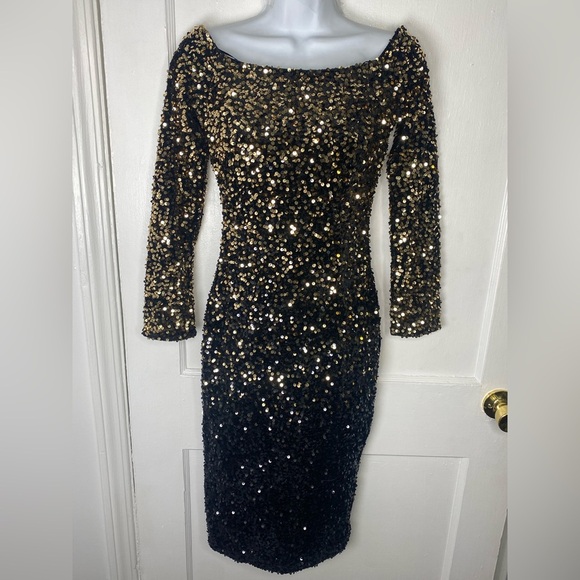 Baltic Born Dresses & Skirts - Baltic Born NWT Eclipse Black and Gold Sequin Long-Sleeve Sheath Midi Dress